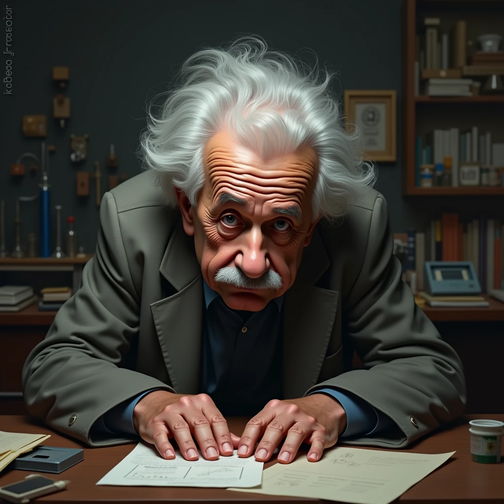 Albert Einstein, Scientist, Research, Chemical, Portraiture, Gray Hair, short hair, One Man、He puts his hands on the floor in disappointment.、Research所