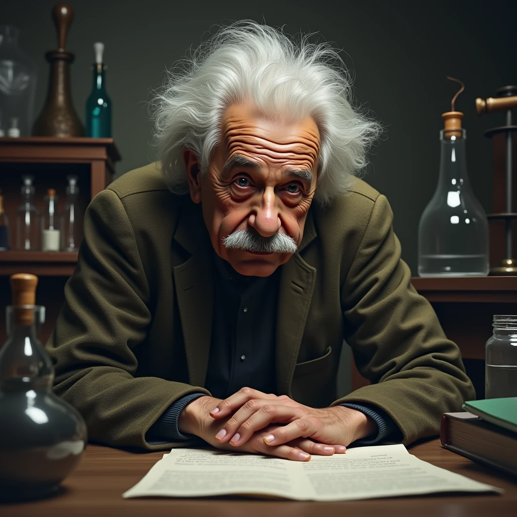 Albert Einstein, Scientist, Research, Chemical, Portraiture, Gray Hair, short hair, One Man、He puts his hands on the floor in disappointment.、Research所