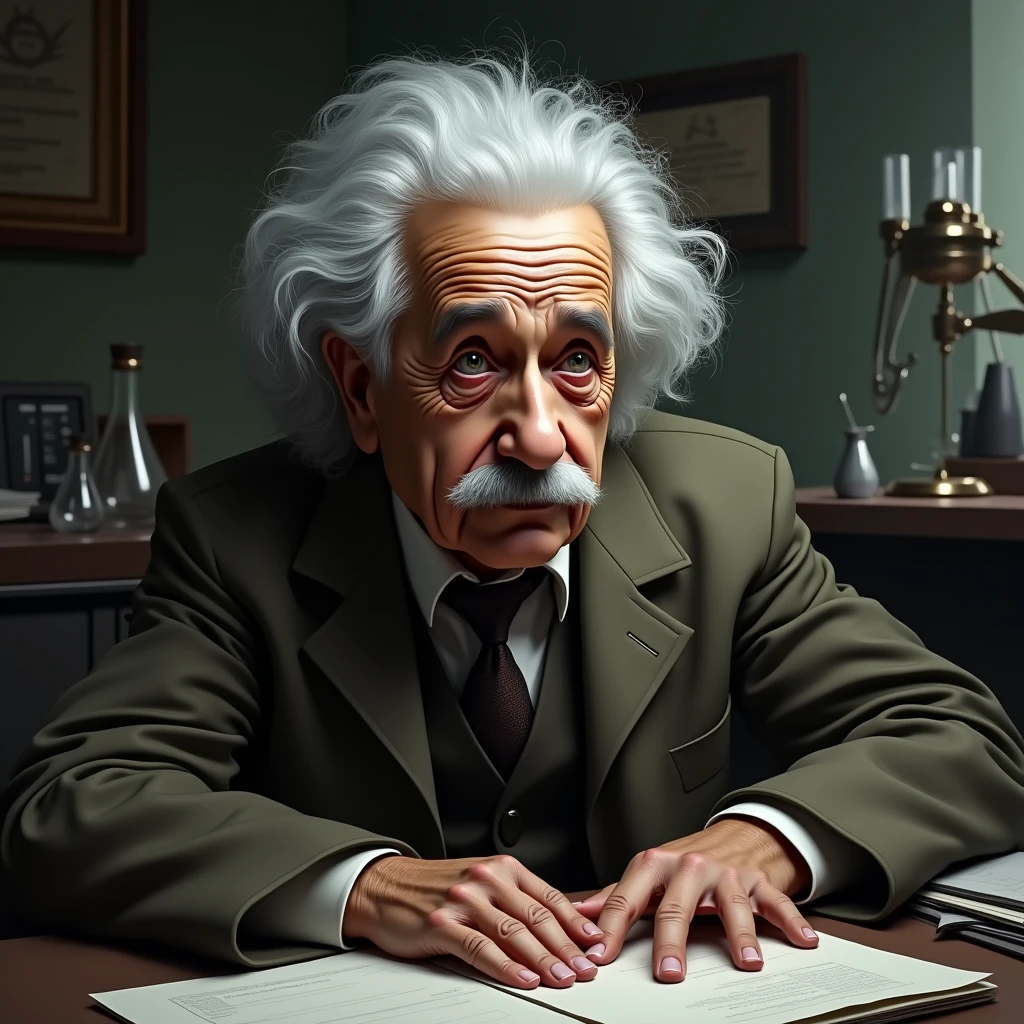 Albert Einstein, Scientist, Research, Chemical, Portraiture, Gray Hair, short hair, One Man、He puts his hands on the floor in disappointment.、Research所