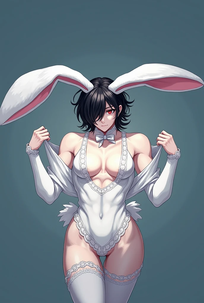 Sexy Man with black wavy hair, Covering your red eyes in a white sexy bunny outfit With bow tie with big thighs in stockings