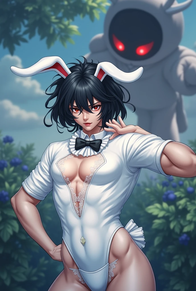 Sexy Man with black wavy hair, Covering your red eyes in a white sexy bunny outfit With bow tie with big thighs in stockings