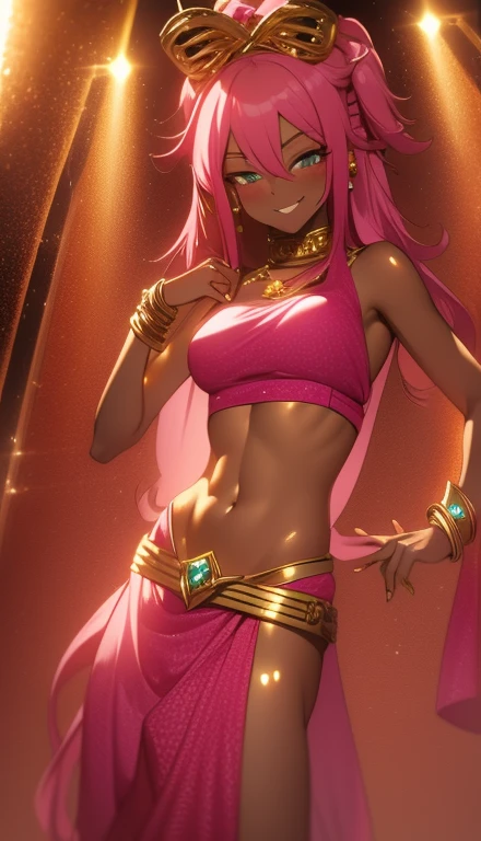 A smug narcissistic pink haired goddess wearing a golden bra and golden pants and lots of jewelry covering every part of her body with gold gems and all kinds of jewelry flaunting herself showing off 