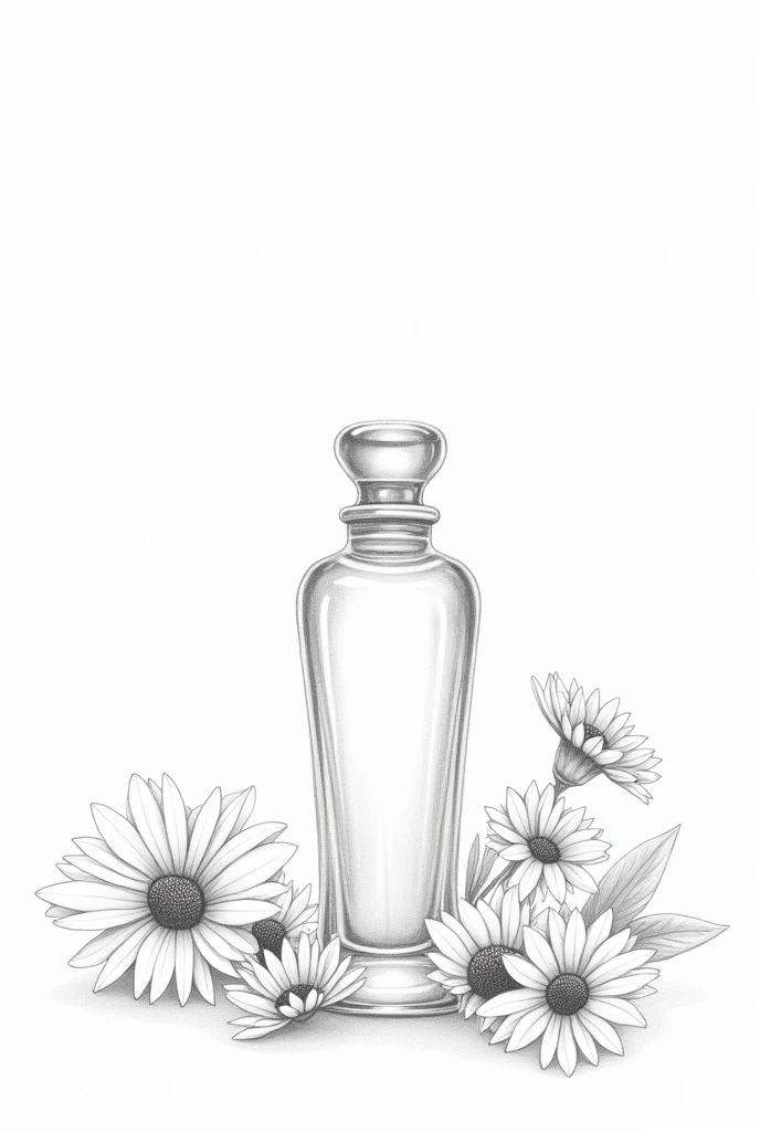 A painting with a perfume bottle. dainty, pencil draw, unpainted. black andwhite, vintage frasco, with bouquets of flowers