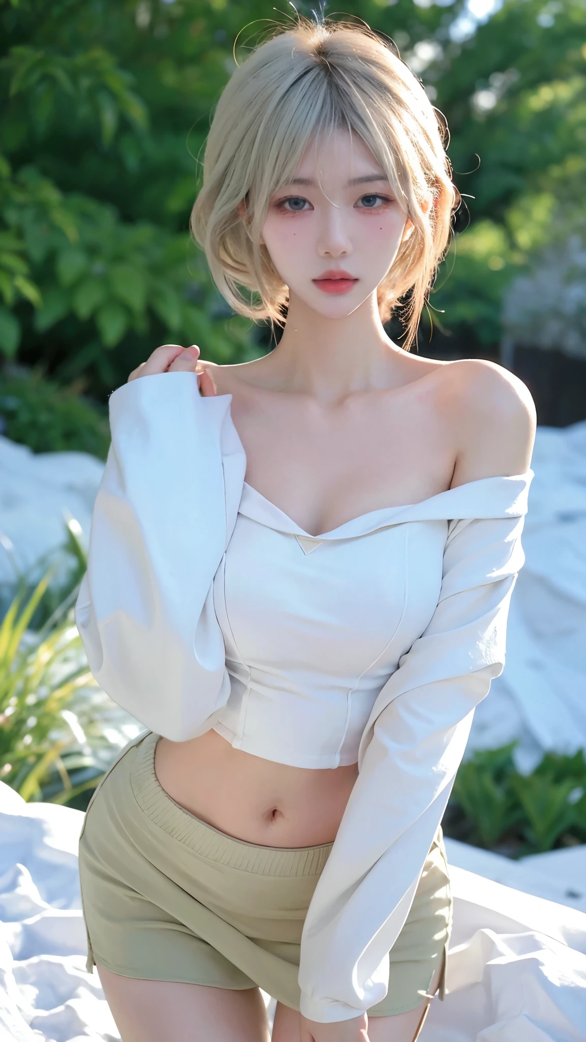 Beautiful woman with perfect figure:1.4，snow，Touching butt with both hands，snow background，Layered Hairstyle，White skin，Prominent cleavage，Pleated Skirt，whole body，Very delicate face and skin texture，Double eyelids，Skin Whitening，Long white hair