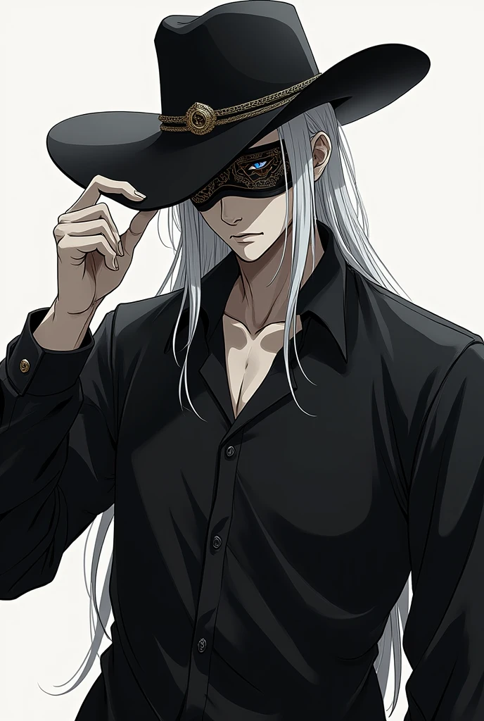 Satoru Gojo, with black shirt, a blindfold, cowboy hat, while holding on to his hat