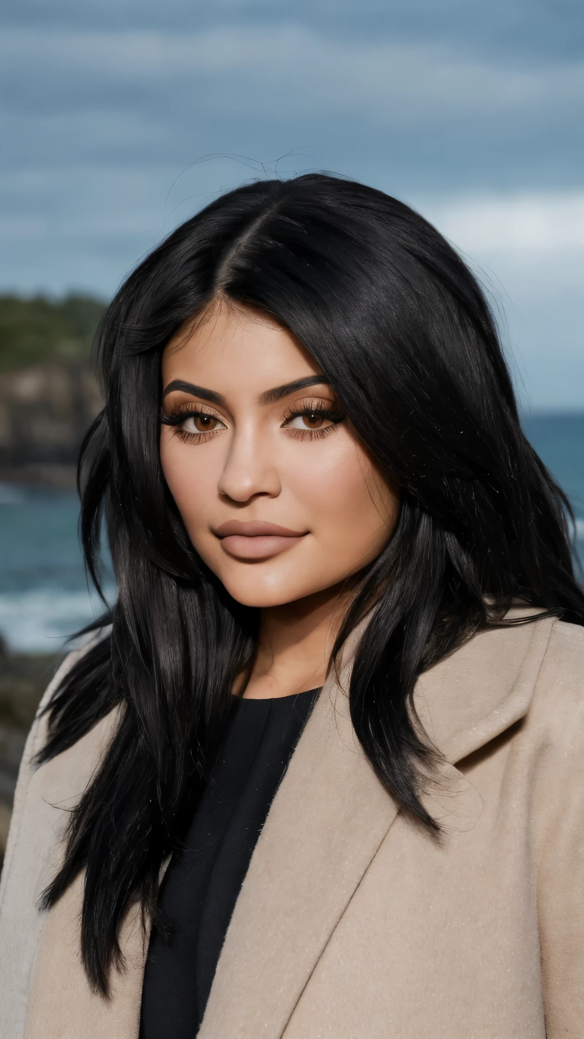 documentary photography of of kyliejenner, black hair, eyes shadow ,rim lighting, on a coast, sharp focus, Windy , Long coat,