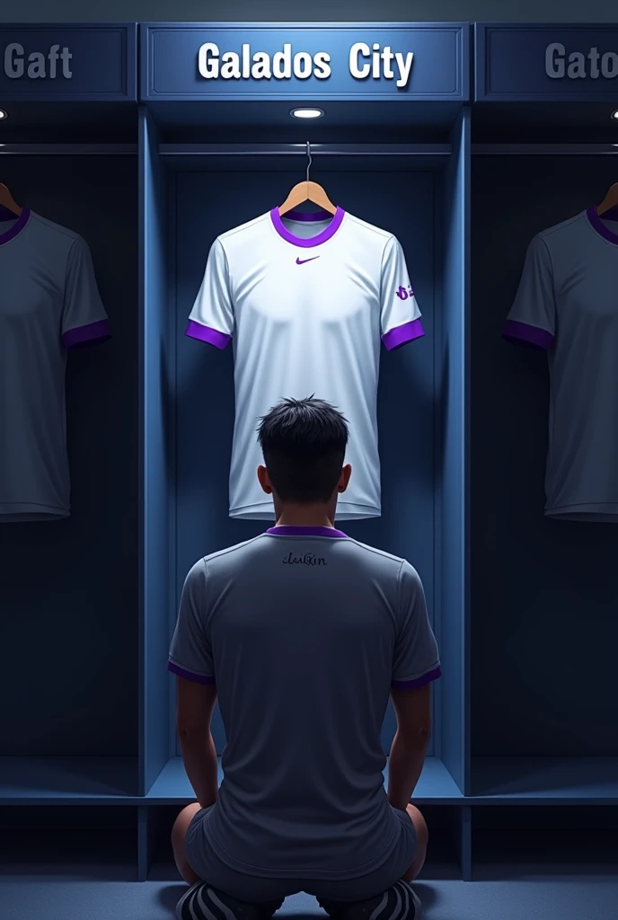 football locker room with a football player's cabin in this cabin there will be a white shirt with purple details (minimalists) on the collar and at the tip of the sleeve the shirt must be showing the back with the name LUIZIN highlighted and the shirt number must be number 5, the cabin at the top must contain the name of the club which is GALADOS CITY, all ambient light must be off, only the light of the sign with the name GALADOS CITY and a low light above the shirt indicating prominence must be on. (The image should be centered and not too far away) and the player with slightly dark skin, short straight black hair and a beard showing that he cares about the current fashion style must be wearing pre-game clothes different from the shirt that is hanging in the locker room, the one he is wearing is gray with purple details on the sleeve and collar of the shirt and on the shorts, the player in the image must be on his knees with his head down (indicating pre-game concentration motivation )