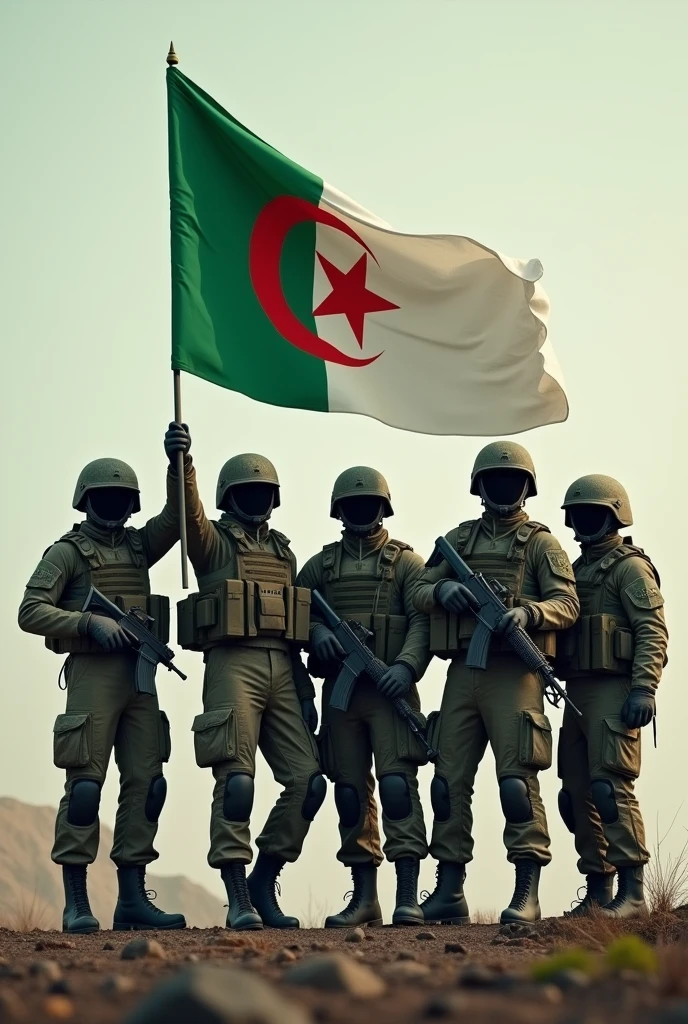 En tenue de combat casque Des soldats algériens militaires ils sont 5 ils portent le drapeau algérien de couleur vert blanc le croissant de lune l'étoile rouge ils le tiennent tous avec leurs mains pour pas qu'il tombe