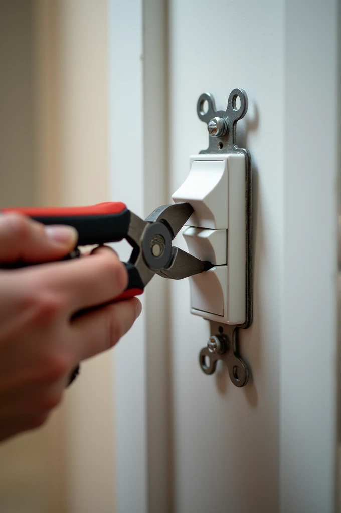 An electrician with pliers fixing a light switch
