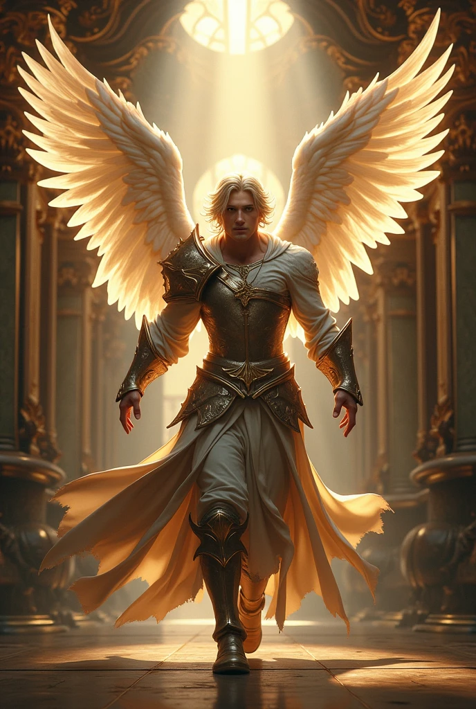 Beautiful, gorgeous and hyperrealistic (male Angel Guardian dressed as a medieval warrior, full body, in action. In traditional catholic art style) by Jean- Baptiste Monge, Unreal Engine, Greg Rutkowski, Loish, Rhads, Beeple, Makoto Shinkai, and Lois van Baarle, Ilya Kuvshinov, Rossdraws, Tom Bagshaw, Alphonse Mucha, global illumination, detailed and intricate environment