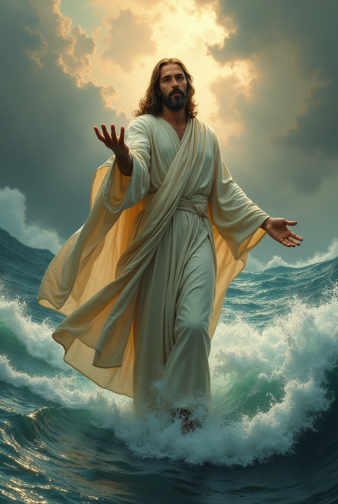 (photorealism:1.2), Jesus Christ, standing on the waters of the sea, in the middle of the storm, wearing a robe down to his feet, extending his hand forward, inviting me to take his hand, realistic, intricate details, warm colors, by Greg Rutkowski, by Alphonse Mucha