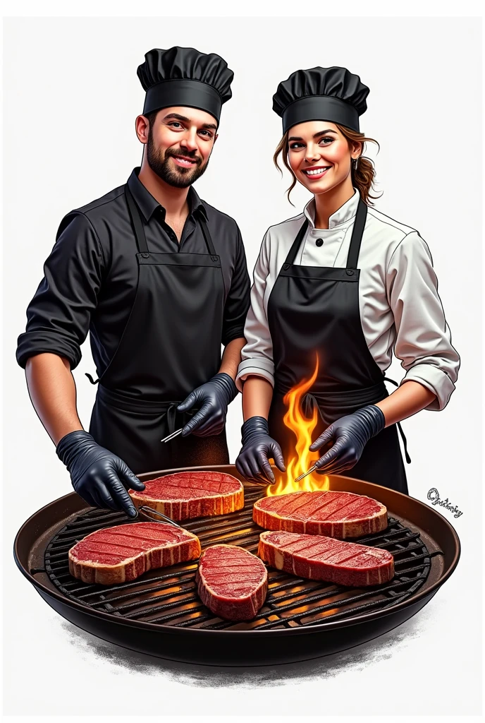 Create a professional logo  ,  with a barbecue theme on the grill , special cuts of meat , two people , de avental preto , gloves and caps , people in realistic drawing 