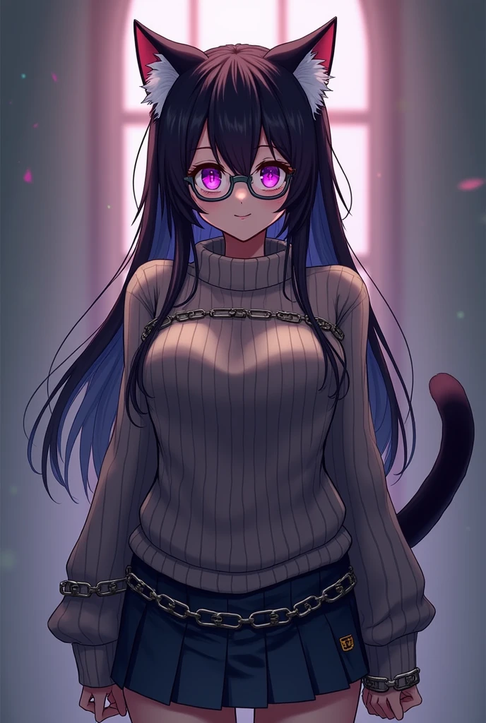 masterpiece, Best Quality, 1 girl, ((looking at the viewer)), by lila, purple eyes, by the wide,  He drowned, sweater, sweater skirt, shackles, 163cm, hair between the eyes, big breasts, adult, 3, maduro, Glasses, Alone, Sole, smile, cat ears, cat&#39;s tail, Canine, cat girl, animal ears