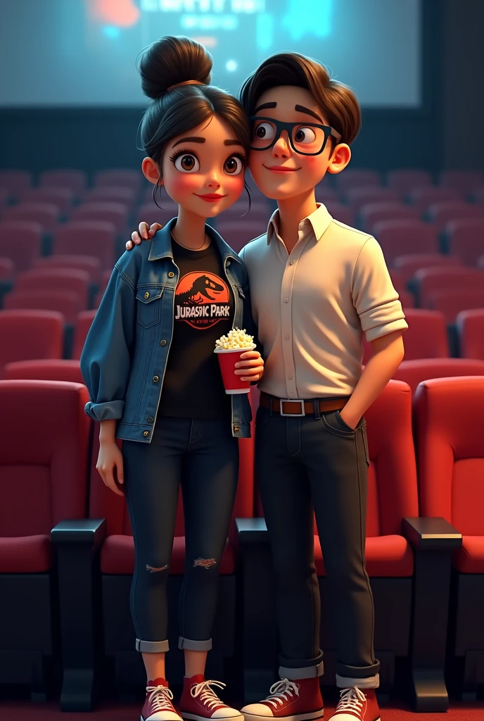 A couple arm in arm. 
She is smiling, has a robust build, wide legs, small ears, and a light complexion., wide nose big brown eyes hair in a bun and straight curtain bangs, you wore a black Jurassic Park blouse, with a black denim jacket, black jeans and red converse. He is of slim build, tez morena, He wears square glasses, a wide nose, small eyes, short dark straight hair, small ears, and a formal white button-down shirt and black dress pants with brown shoes., protagonists of a Disney Pixar movie digital art. At the cinema watching a horror movie