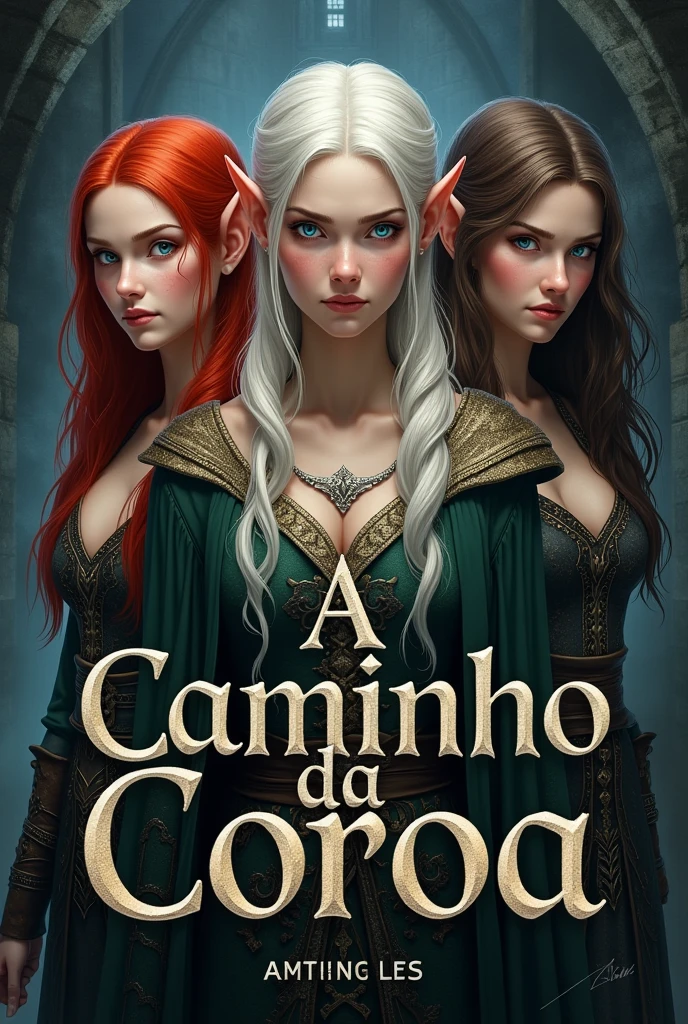 Description: Create a super realistic book cover for a medieval fantasy story. The background of the cover must be silver, with the title “A CAMINHO DA COROA” highlighted, written in a large and imposing font. With a sigh.
In the central part of the cover, three young people should appear with intense expressions and looks of hatred, in a darker environment. One next to the other. They must have distinct faces and different characteristics, being elves:
First woman: Red hair and blue eyes.
Second woman: Platinum hair, almost white.
Third woman: Brown hair. They are different from each other, have different looks and different faces.
With a dark atmosphere that surrounds them, contrasting with the clarity of the silver background.