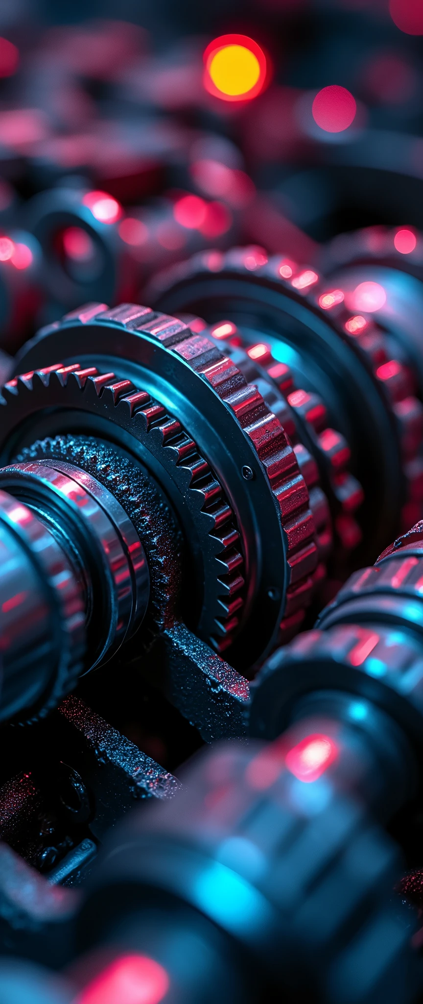 So many beautiful gears and timing chains, close-up shots of the timing chains, dynamic camera work, inside of an automobile, beautiful metallic light reflections, colorful led growing from inside, focus on timing chains, black machine oil reflecting the lights