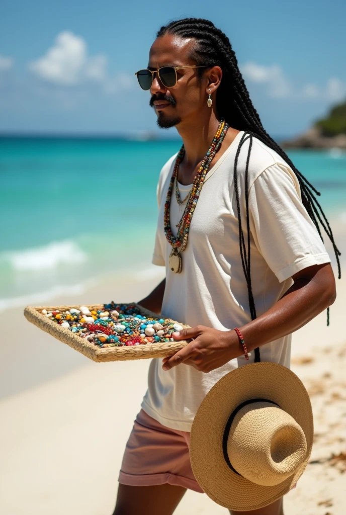 create the image of close-up of a street vendor on a beach in Venezuela. The vendor is a white American man, descendant of Spanish Canarians, with a builtfat type of body, he is a bit fat, he has slim arms, a product of sun and exercise. His face shape is rectangle type. His long, thick black hair is delicately braided and adorned with fine yellow highlights that contrast with his tanned skin. His hairline type is rectangular shaped. He has an asian van dyke sparse black mustache . His eyes are protected by modern sunglasses, which give him a relaxed and carefree air. His clothing is casual and summery: beach shorts that reveal his thick and slightly muscular legs and a loose t-shirt, ideal for the tropical climate. His appearance conveys positive energy and a relaxed lifestyle. The colorful braids and handmade accessories complement his bohemian look and connected with nature. He is around 30 years old, he is an extroverted person, with a free and adventurous spirit. His job as a seller of handmade jewelry suggests an artistic sensibility and a deep respect for nature, since his products are made with organic materials such as snails. The place where he sells is a paradisiacal beach, with fine white sand, the turquoise sea stretching to the horizon. The sun shines brightly, creating a warm and welcoming atmosphere. A gentle sea breeze caresses the skin and the sound of the waves breaking on the shore accompanies the scene. The seller walks at a leisurely pace along the shore of the beach, leaving footprints in the sand. His bare feet feel the soft texture of the sand as he looks out to sea. In one hand he carries a colorful tray with his handmade creations, necklaces and shell bracelets, which he proudly displays to potential buyers. His other hand gently swings a straw hat, which protects his face from the sun. Tourists strolling along the beach are attracted by his unique and original products, stopping to admire his creations and chat with the seller.