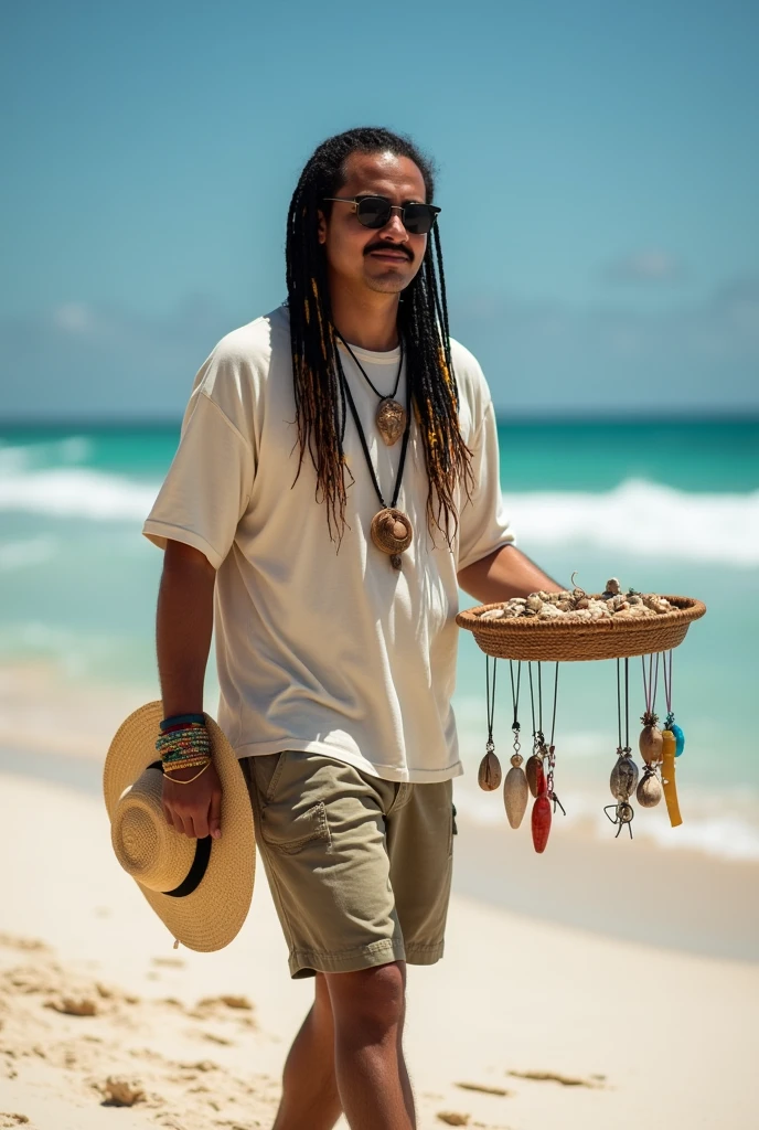 create the image of close-up of a street vendor on a beach in Venezuela. The vendor is a white American man, descendant of Spanish Canarians, with a builtfat type of body, he is a bit fat, he has slim arms, a product of sun and exercise. His face shape is rectangle type. His long, thick black hair is delicately braided and adorned with fine yellow highlights that contrast with his tanned skin. His hairline type is rectangular shaped. He has an asian van dyke sparse black mustache . His eyes are protected by modern sunglasses, which give him a relaxed and carefree air. His clothing is casual and summery: beach shorts that reveal his thick and slightly muscular legs and a loose t-shirt, ideal for the tropical climate. His appearance conveys positive energy and a relaxed lifestyle. The colorful braids and handmade accessories complement his bohemian look and connected with nature. He is around 30 years old, he is an extroverted person, with a free and adventurous spirit. His job as a seller of handmade jewelry suggests an artistic sensibility and a deep respect for nature, since his products are made with organic materials such as snails. The place where he sells is a paradisiacal beach, with fine white sand, the turquoise sea stretching to the horizon. The sun shines brightly, creating a warm and welcoming atmosphere. A gentle sea breeze caresses the skin and the sound of the waves breaking on the shore accompanies the scene. The seller walks at a leisurely pace along the shore of the beach, leaving footprints in the sand. His bare feet feel the soft texture of the sand as he looks out to sea. In one hand he carries a colorful tray with his handmade creations, necklaces and shell bracelets, which he proudly displays to potential buyers. His other hand gently swings a straw hat, which protects his face from the sun. Tourists strolling along the beach are attracted by his unique and original products, stopping to admire his creations and chat with the seller.