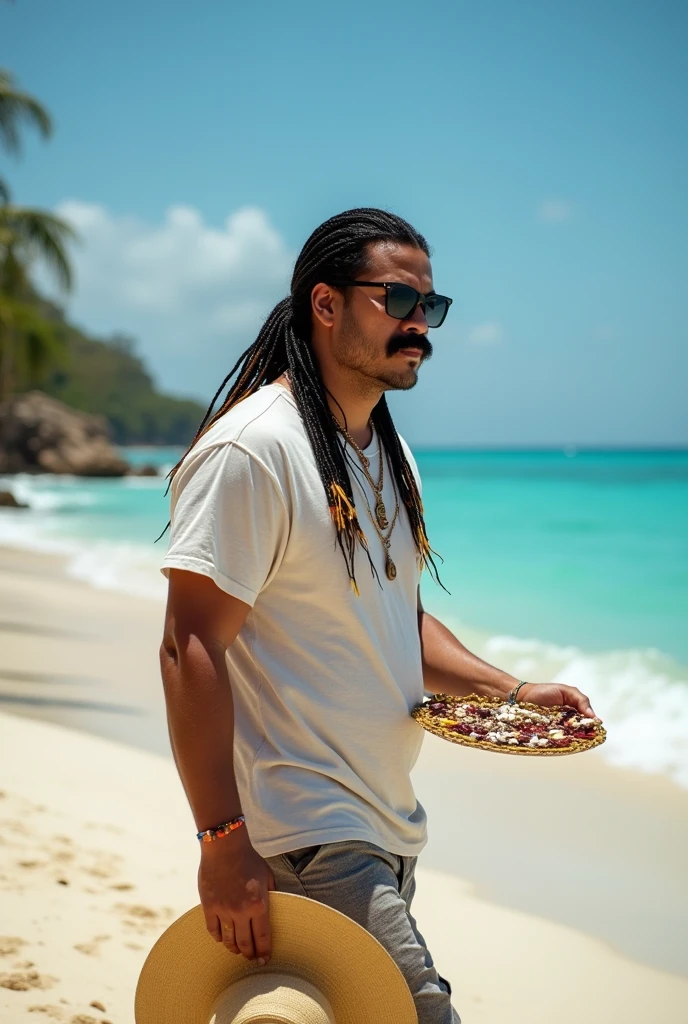 create the image of close-up of a street vendor on a beach in Venezuela. The vendor is a white American man, descendant of Spanish Canarians, with a builtfat type of body, he is a bit fat, he has slim arms, a product of sun and exercise. His face shape is rectangle type. His long, thick black hair is delicately braided and adorned with fine yellow highlights that contrast with his tanned skin. His hairline type is rectangular shaped. He has an asian van dyke sparse black mustache . His eyes are protected by modern sunglasses, which give him a relaxed and carefree air. His clothing is casual and summery: beach shorts that reveal his thick and slightly muscular legs and a loose t-shirt, ideal for the tropical climate. His appearance conveys positive energy and a relaxed lifestyle. The colorful braids and handmade accessories complement his bohemian look and connected with nature. He is around 30 years old, he is an extroverted person, with a free and adventurous spirit. His job as a seller of handmade jewelry suggests an artistic sensibility and a deep respect for nature, since his products are made with organic materials such as snails. The place where he sells is a paradisiacal beach, with fine white sand, the turquoise sea stretching to the horizon. The sun shines brightly, creating a warm and welcoming atmosphere. A gentle sea breeze caresses the skin and the sound of the waves breaking on the shore accompanies the scene. The seller walks at a leisurely pace along the shore of the beach, leaving footprints in the sand. His bare feet feel the soft texture of the sand as he looks out to sea. In one hand he carries a colorful tray with his handmade creations, necklaces and shell bracelets, which he proudly displays to potential buyers. His other hand gently swings a straw hat, which protects his face from the sun. Tourists strolling along the beach are attracted by his unique and original products, stopping to admire his creations and chat with the seller.