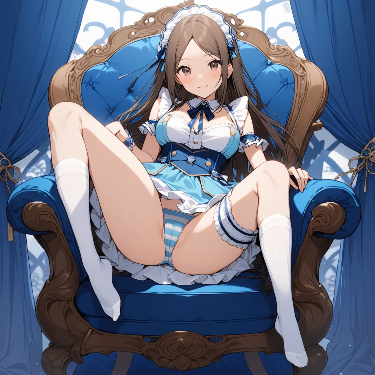 (masterpiece), (Highest quality), High resolution, (Very detailed), (Best illustrations), (Best Shadow), (so beautiful), (very cute), (Absurd), (Blue curtain background), (Blue Room), (Blue carpet), round-shaped face, (round face:1.7),
(Highly detailed face), Perfect limbs, Intricate details顔, (High Contrast:2),
the idolm@ster, (Minase Iori), (iori minase), girl with black hair, (Brown glossy hair:1.1), Long Hair, Long Hair, Brown eyes, ribbonが付きのヘアーバンド, ribbonが付きヘアークリップ,
Beautiful breasts, Round Breasts, Shyness, smile, Pitiful, Her behavior is very quiet.,
Perfect limbs, Perfect Anatomy, Thin legs, Intricate details, Five perfect fingers, One person, so beautiful少女, very cute少女,Big eyes, slender, Tight waist, (White knee socks),
Beautiful Skin, sexy,Charm, full body of a young girl,
(One person、solo:1.4), Full Shot,
Erotic,
Backless maid outfit, Short skirt, ribbon,
Blue striped underwear, White frilly underwear, 小さいribbonが付いてる下着,
(Antique nursing chair), Sitting in a big luxurious chair, A little open legs are beautiful, View from the front,