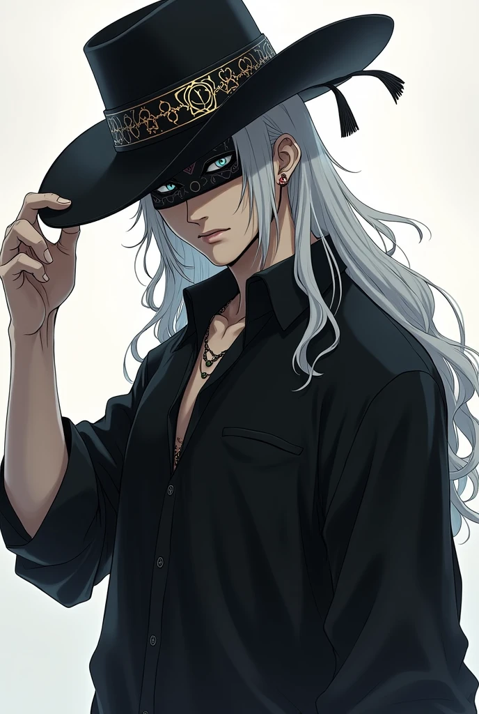 Satoru Gojo, with black shirt, a blindfold, cowboy hat, while holding on to his hat