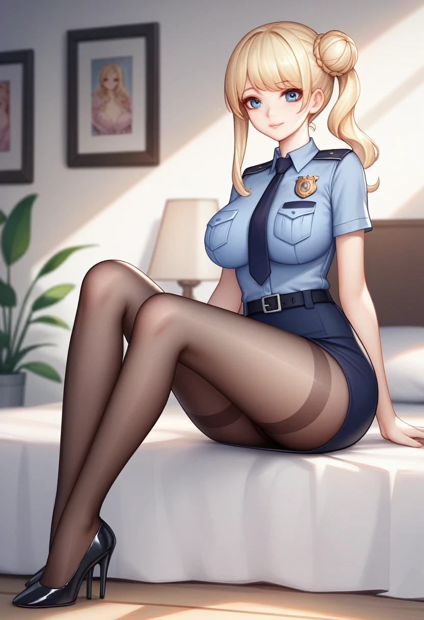 Minami Kotori,
cosplay
police uniform,
long hair, blonde hair,bangs, side ponytail,single hair bun,
police uniform, policewoman, skirt, pantyhose,high heels, (best quality, masterpiece:1.2), tianfeng1, Extremely detailed, (Practical:1.37), beautiful, youth, Glamorous model, Warm colors, ((A full body perspective，Naturally bent knees，Skin is firm and smooth)), ((In the old-fashioned room，Sitting on a low bed，Lean back，Support your body with your elbows)), ((Elegant and natural posture)), (big eyes, Delicate eyes, Delicate lips, Delicate eyes), Available in white with floral pattern, Show a bright smile, fit, Full breasts, ((Big breasts)), Long legs, Create a stunning picture of a girl enjoying her sleep