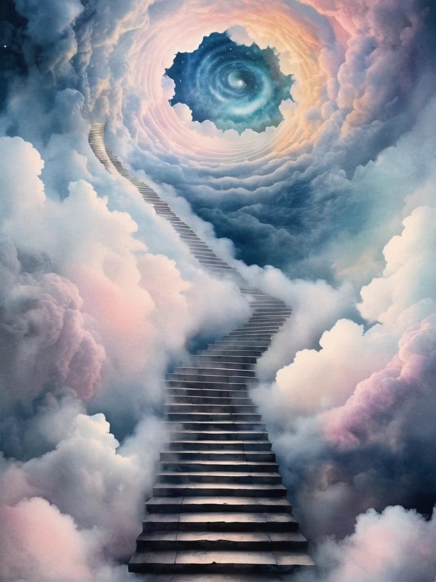 Stairway to heaven, built on clouds, carried to the sky.
Fantasy style. Fantasy dreamlike art. Mystical, misty.
Swirling watercolor,
Surreal Harmony,