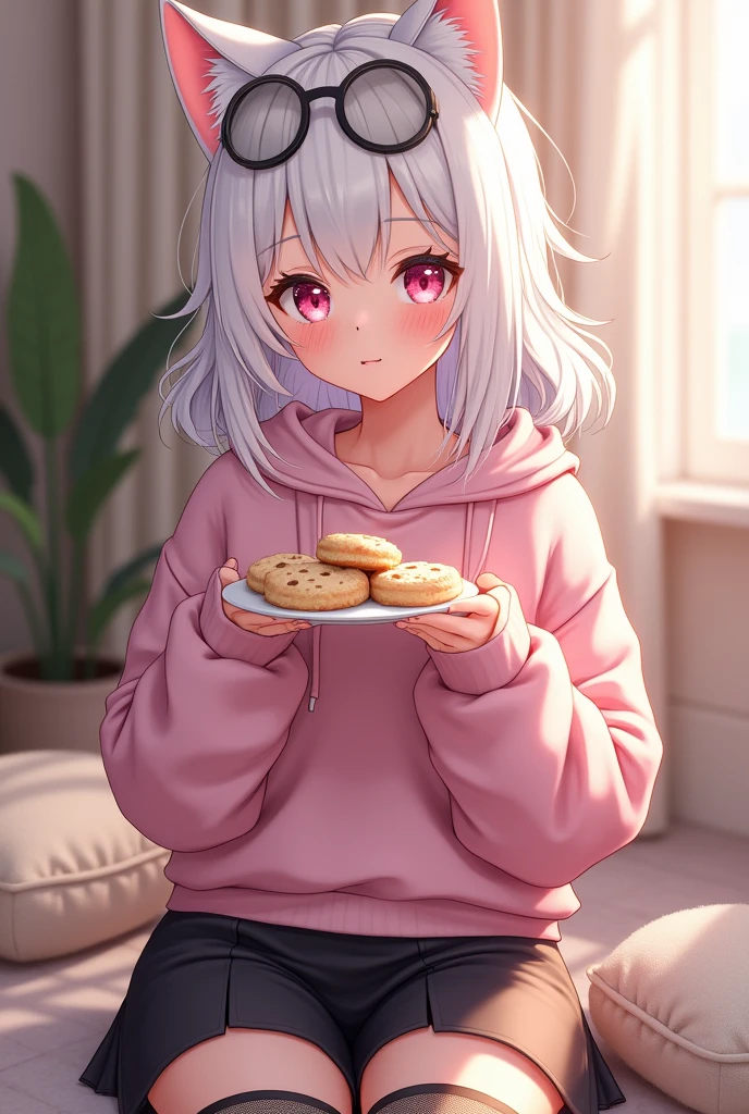 that she has a shy face that she has white hair, cat ears, black glasses, pink eyes, a super blushed pink sweatshirt, a low skirt, black shorts, black mesh stockings that she is a super reserved girl sitting eating cookies