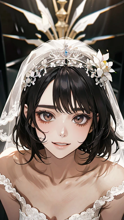 wedding,Bride in white wedding dress holding flowers,Smile,Perfect face,Black Hair,Perfect face,Full body portrait