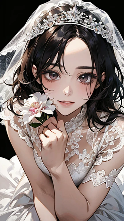 wedding,Bride in white wedding dress holding flowers,Smile,Perfect face,Black Hair,Perfect face,Full body portrait
