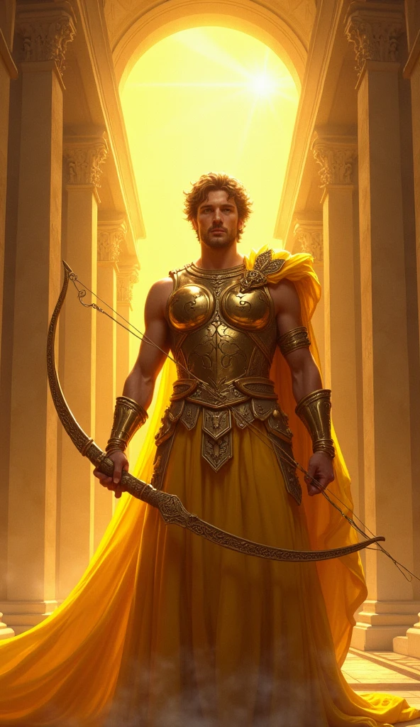 God of the Sun Apollo in yellow armor and background in the pantheon with yellow tones and at the sunset holding a bow and arrow aiming and staring with the front view as if the one seeing the image was the target