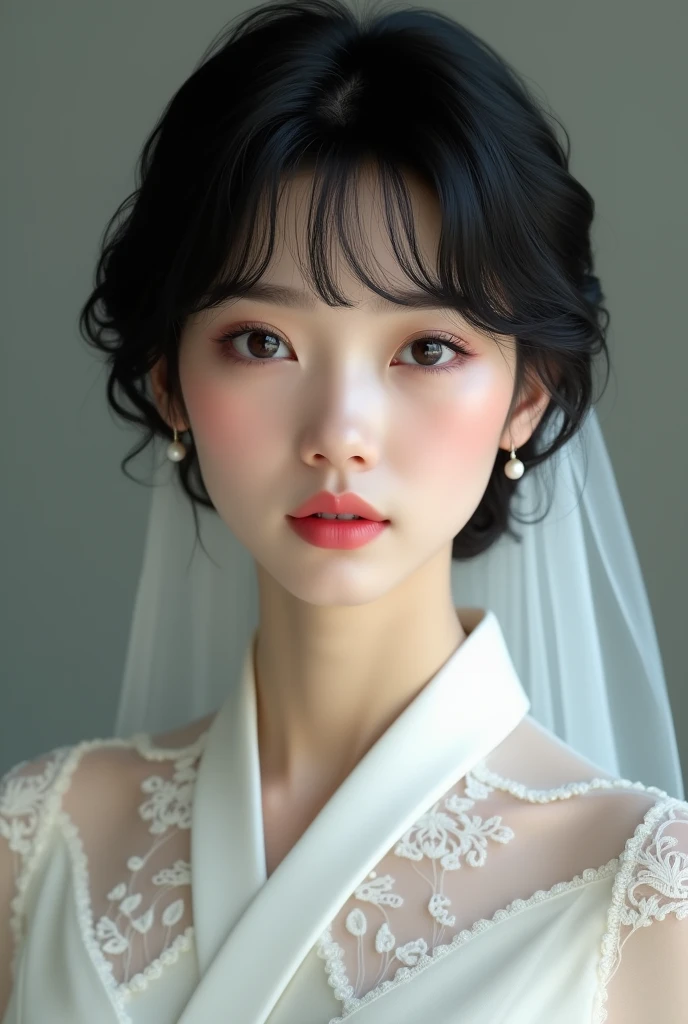  with bangs, short black hair and eyes , in a wedding dress