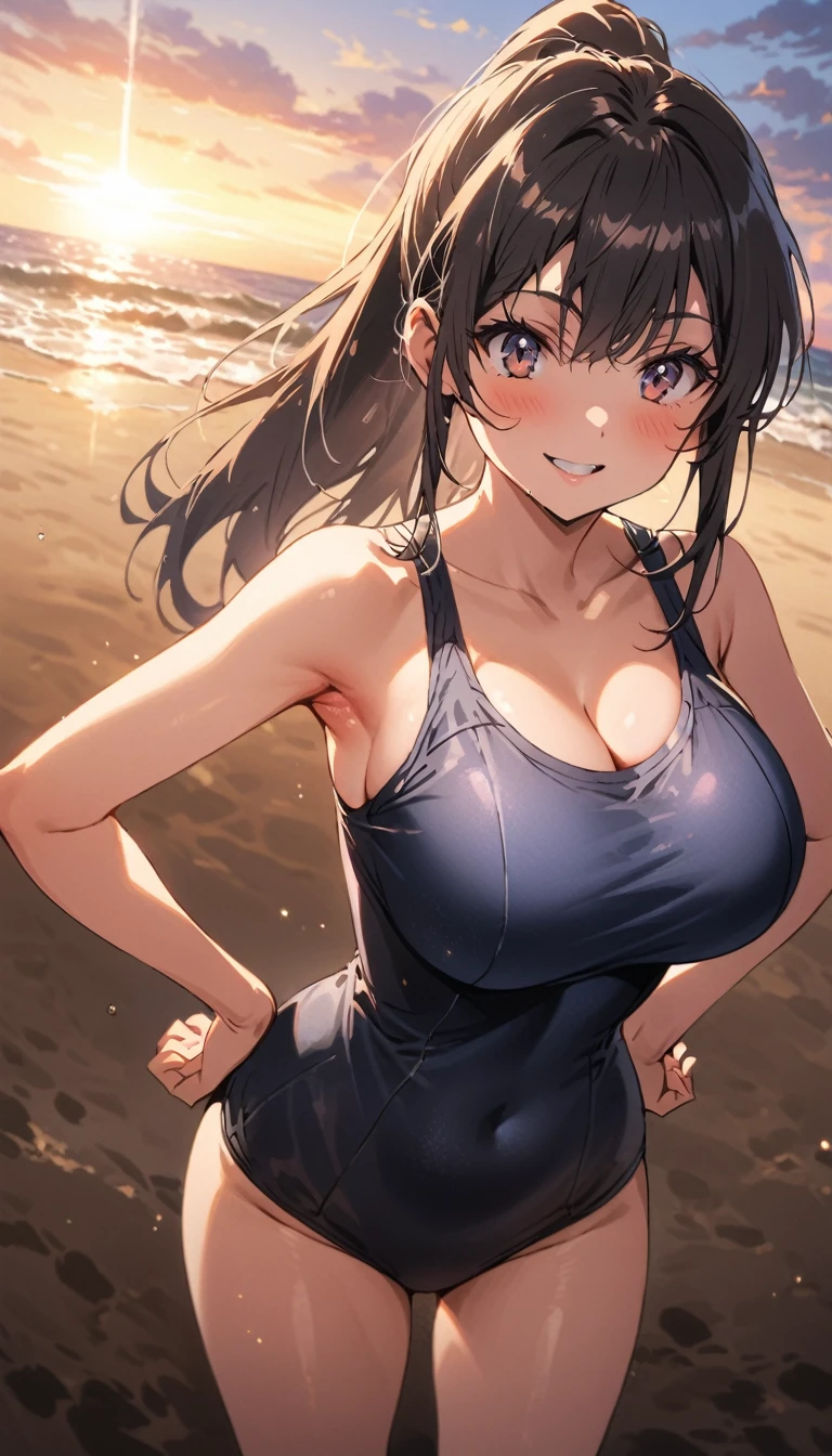 high school girl　beauty　ponytail　smile　Embarrassing　blush　School Swimsuit　Big Breasts　Armpits　Hands on hips　pubic hair　Beach　Photograph the whole body　Shooting from below