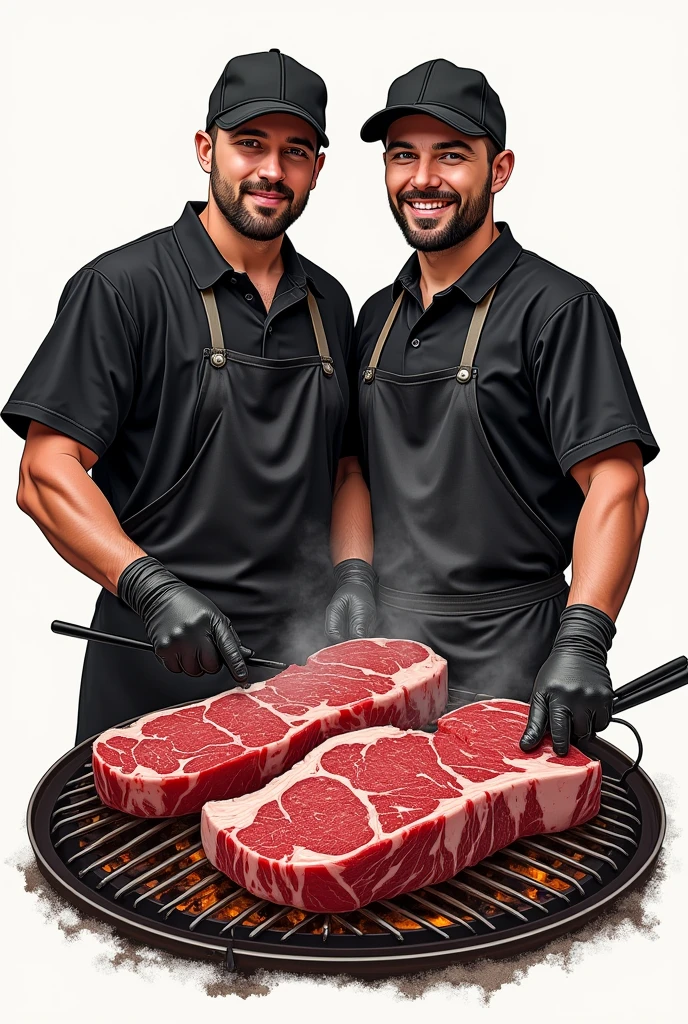Create a professional logo , with a barbecue theme on the grill , special cuts of meat , two people , de avental preto , gloves and caps , two brothers in realistic drawing