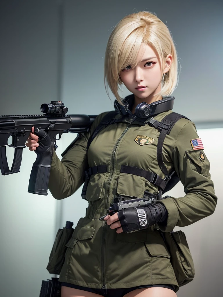 Masterpiece, best quality, ai-generated,official art,dragon ball,1girl,android 18, camouflage clothing,camouflage  helmet, pleated skirt, Medium chest, A glimpse of thighs,random hair, One eye is hidden by the bangs, perfect proportions, high detail skin, Cute, detailed faces, random sexy pose, precise fingers,panty shot Girl shooting automatic rifle, (muzzle explodes:1.2), (looks into sight), finely drawn automatic rifle, bulletproof suit, (turn towards the viewer), syncs body orientation and gaze, dynamic angle, battle, war,
