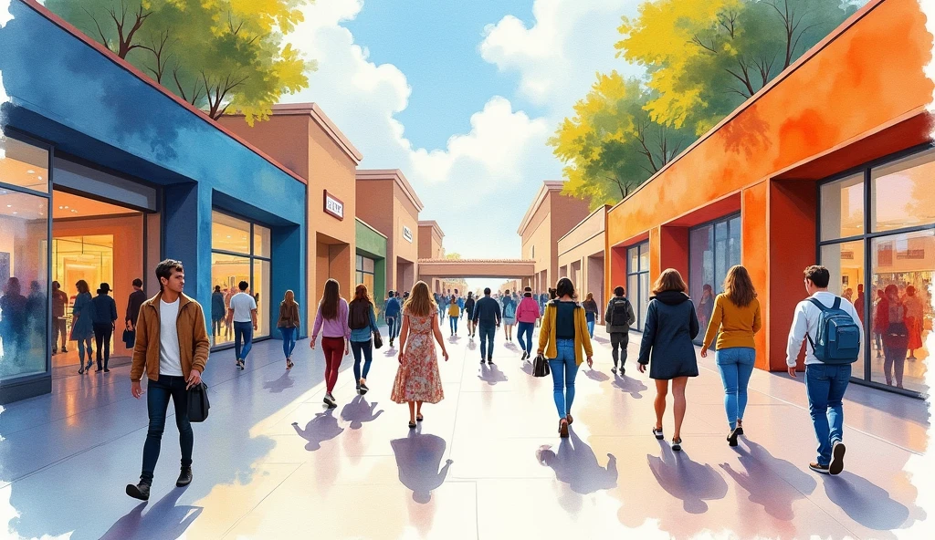 Watercolor art of people walking in a shopping center with several stores and several people walking in the background of the image the stores