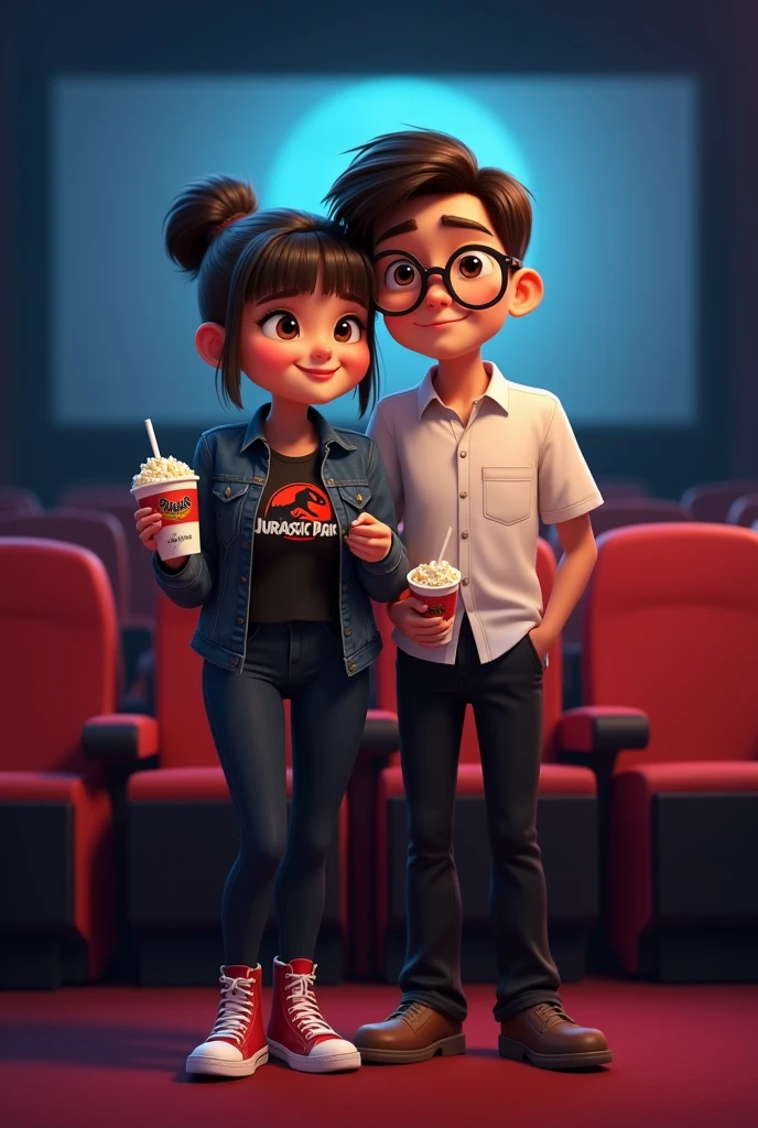 A couple arm in arm.
She is smiling, has a robust build, wide legs, small ears, and a light complexion., wide nose big brown eyes hair in a bun and straight curtain bangs, you wore a black Jurassic Park blouse, with a black denim jacket, black jeans and red converse. He is of slim build, tez morena, He wears square glasses, a wide nose, small eyes, short dark straight hair, small ears, and a formal white button-down shirt and black dress pants with brown shoes., protagonists of a Disney Pixar movie digital art. At the cinema watching a horror movie