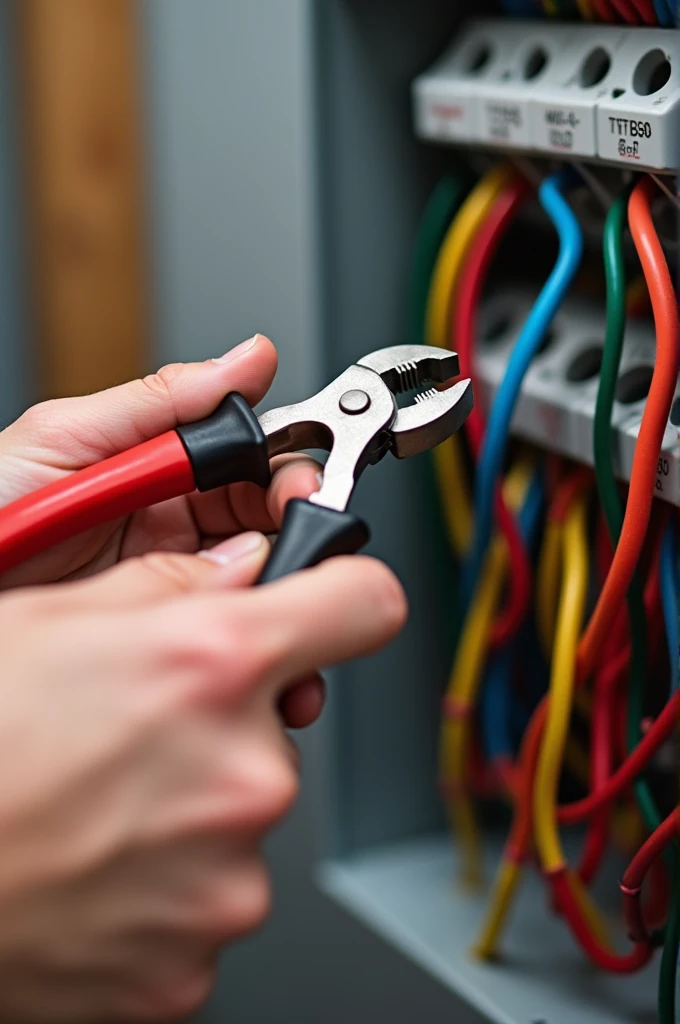 An electrician with pliers fixing the colored wires with a clamp