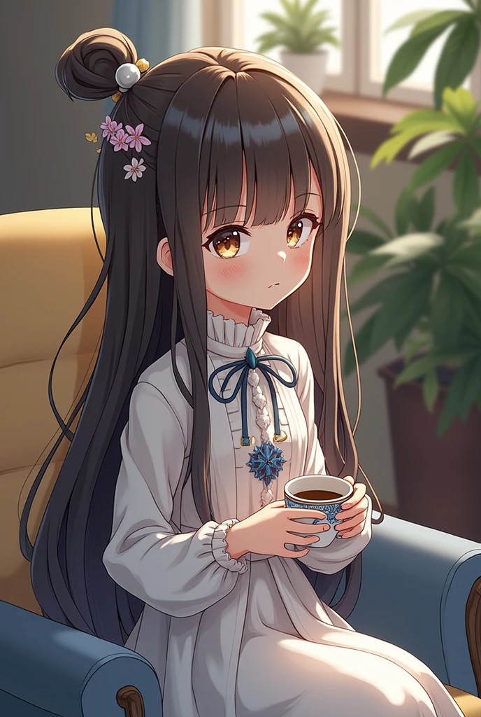 anime girl sitting on chair with coffee cup in hand, alchemist girl, light novel cover art, official art, epic light novel art cover, official artwork, epic light novel cover art, , isekai, small curve , kushat krenz, kushat kurenz key art feminine, Shadowverse style, moe dwarf,
