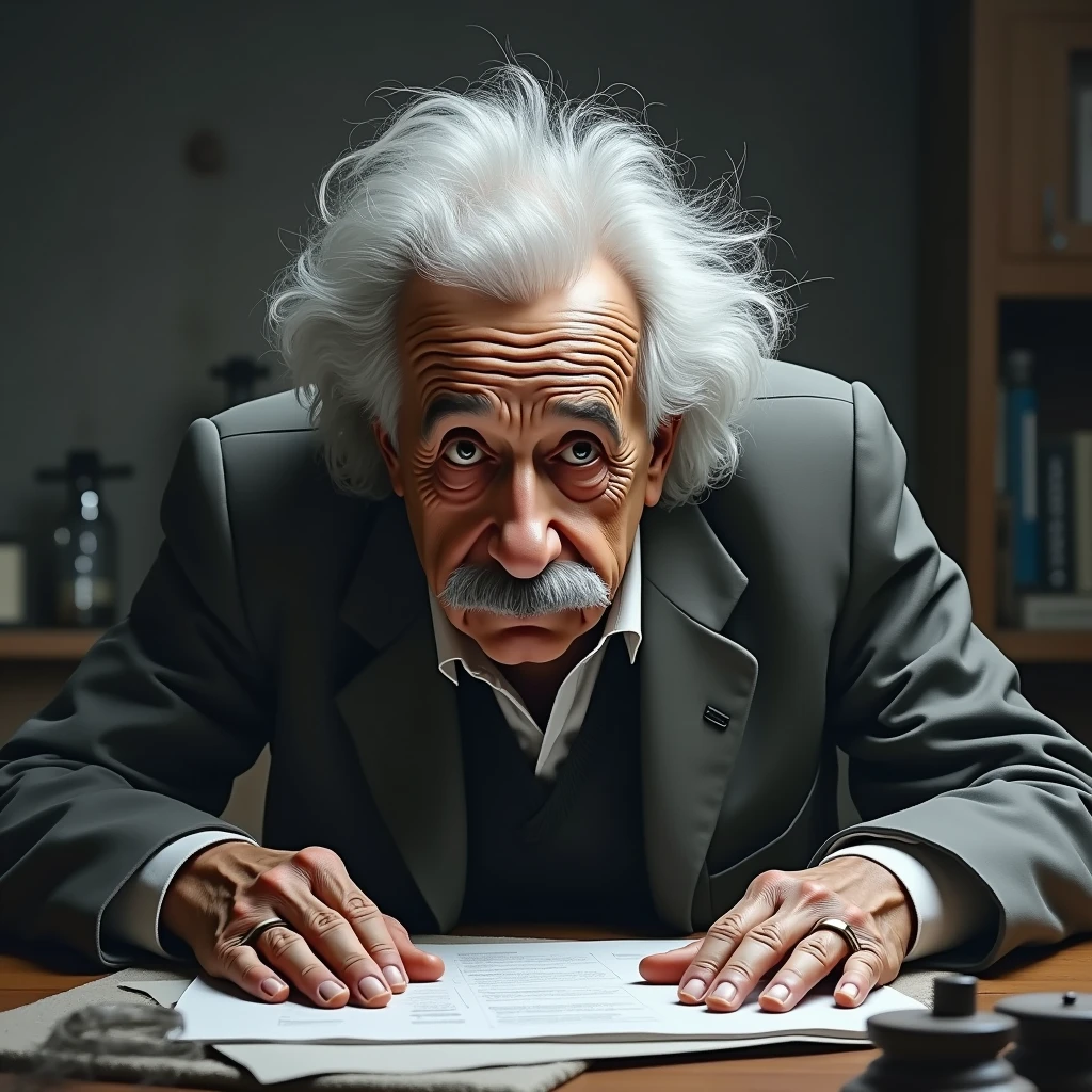 Albert Einstein, Scientist, Research, Chemical, Portraiture, Gray Hair, short hair, One Man、A look of despair、He puts his hands on the floor in disappointment.、Research所