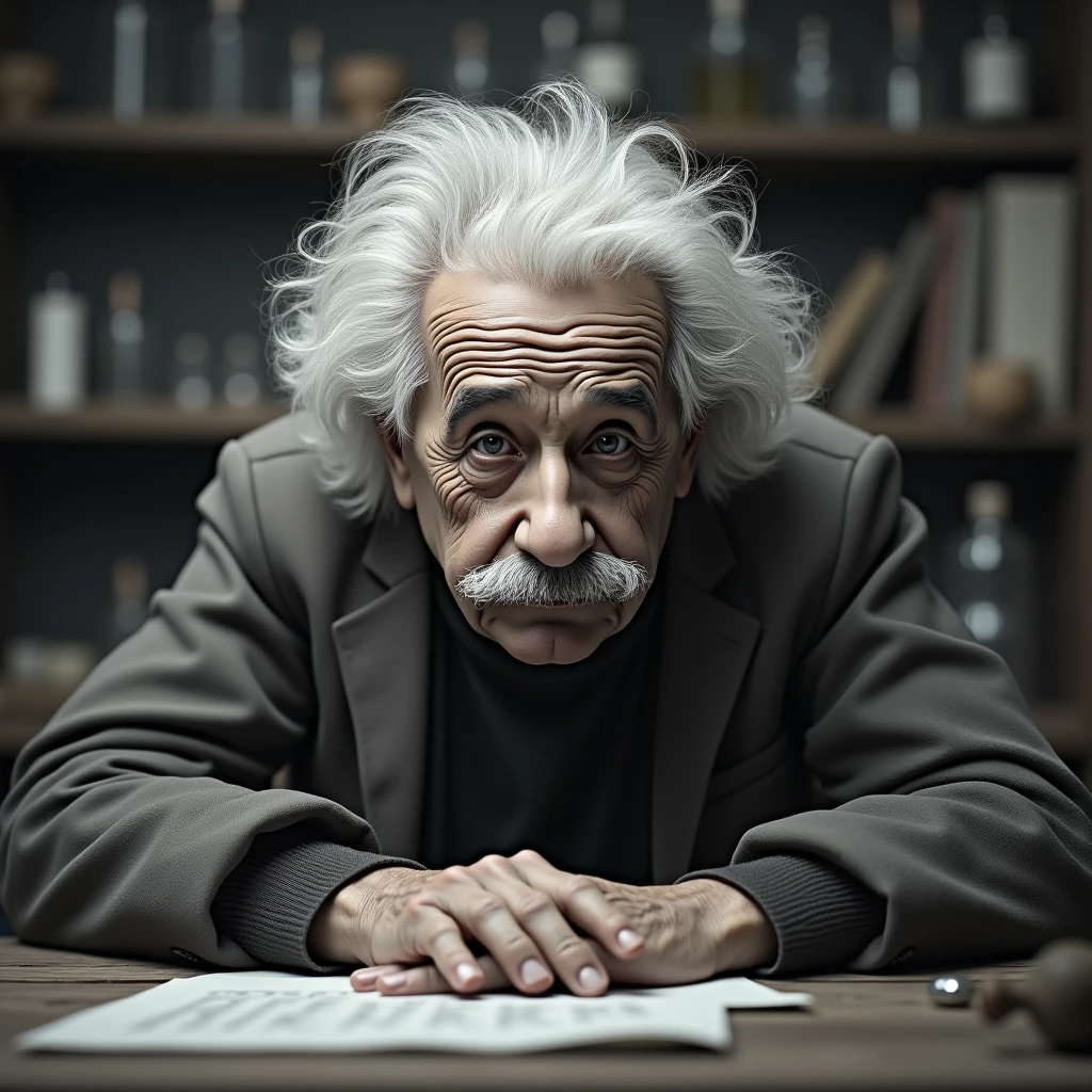 Albert Einstein, Scientist, Research, Chemical,  Portraiture, Gray Hair, short hair, One Man、A look of despair、He puts his hands on the floor in disappointment.、Research所