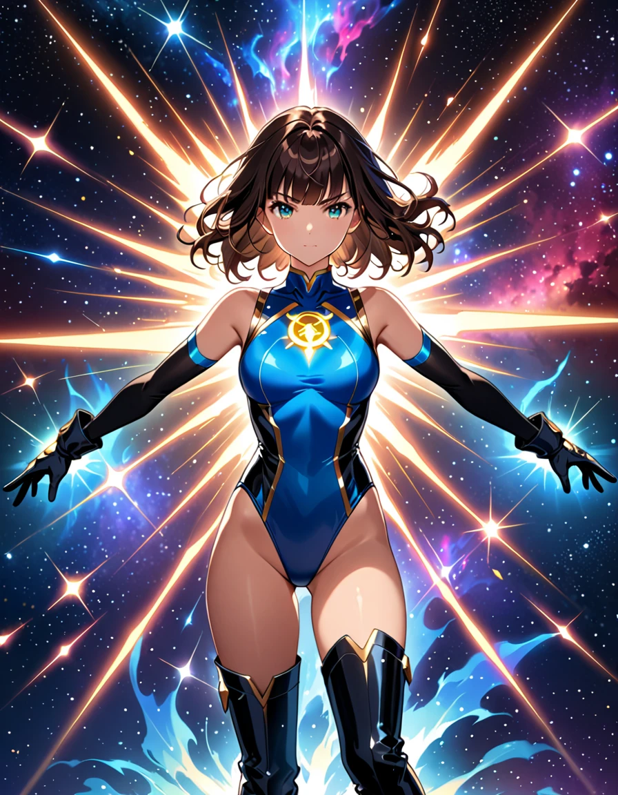 Create an image of a girl, wearing a sleeveless leotard, bare legs, medium breasts, and (matching gloves and boots). she is a (black-haired brunette with bangs, and hazel eyes, wearing a (vibrant blue leotard) with a (taurus\(astrological sign\) (symbol) on her chest). she is standing with legs apart and raised arms, each surrounded by a glowing aura. outer space backdrop, cowboy shot, serious. masterpiece, best quality, hires. diffraction spikes, light particles.