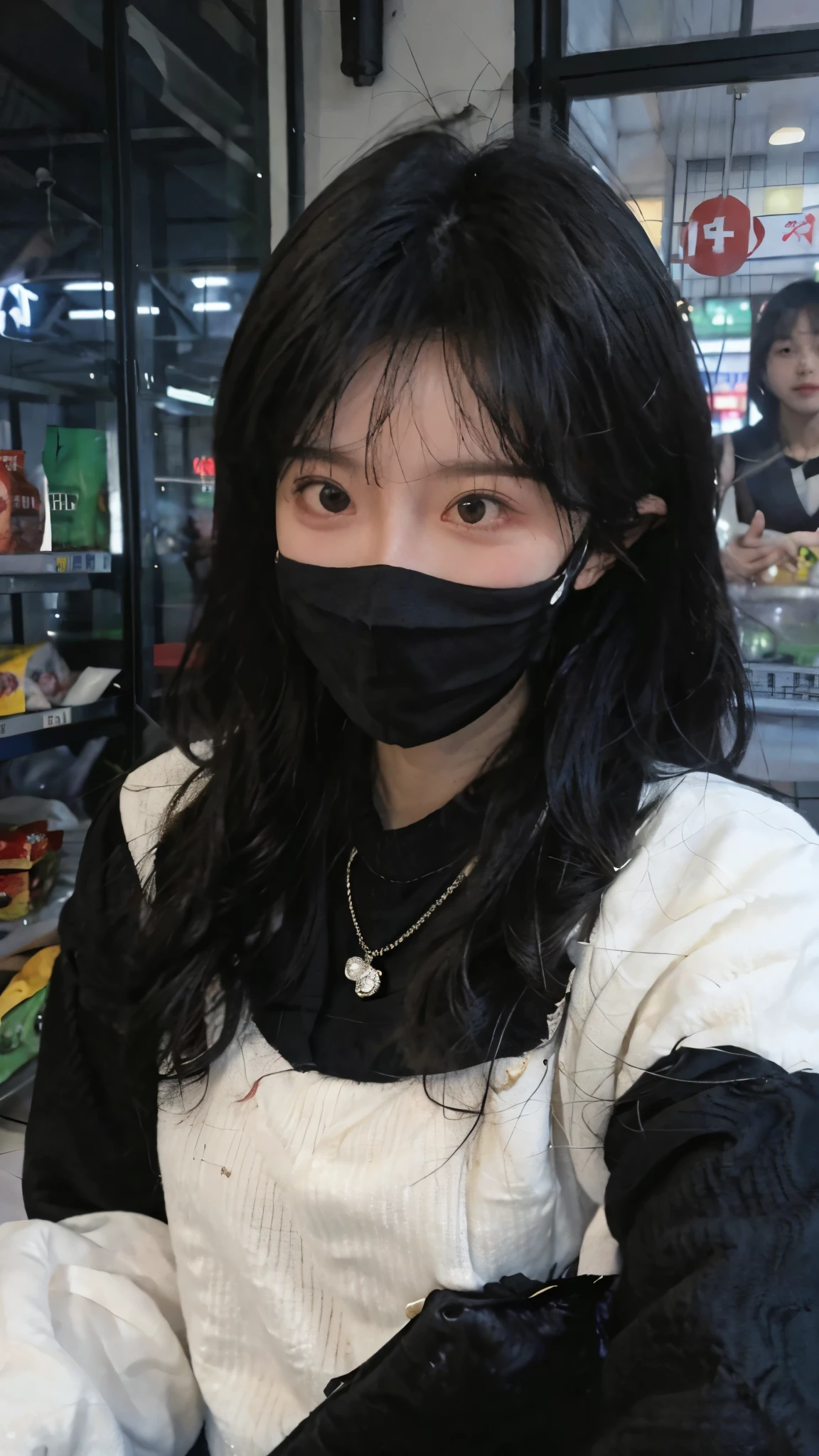 黑色wear mask，Best quality，黑色wear mask，Ultra-high resolution，(Reality:1.4)，（黑色wear mask:1.4），Cute hairpins，girll，Cropped black sweater，wear mask，Look directly at the audience，Full of atmosphere，Beautiful woman with a slim figure:1.4，黑色wear mask，supermarket，whole body，Super delicate face，Exquisite eyes，Double eyelids，necklace，黑色wear mask，