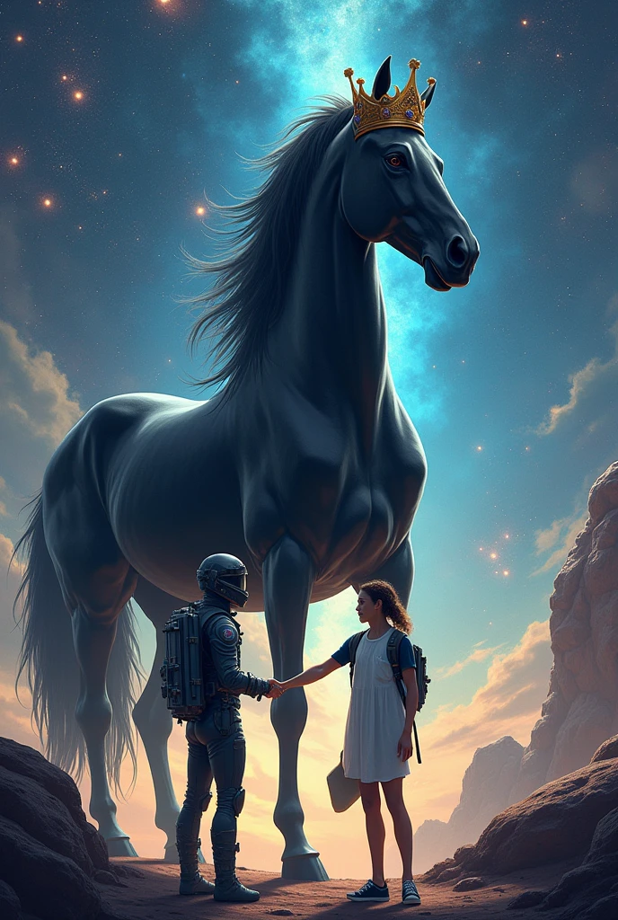 A black horse with a crown on its head and in front of it a man from space shaking hands with his friend from Earth and they look at the camera
