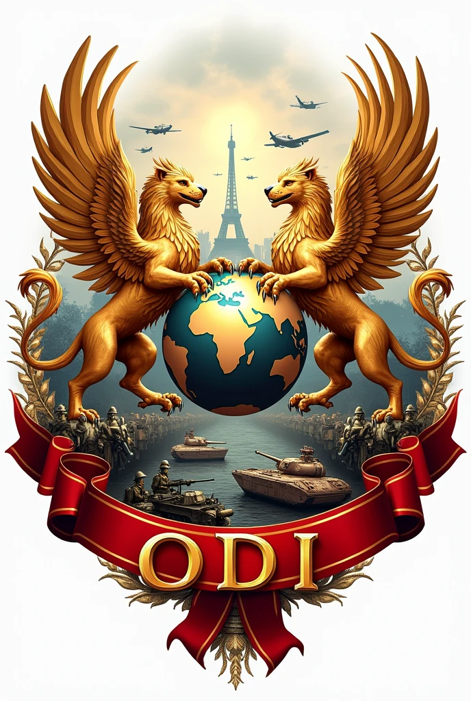 Logo with an orb surrounded by 2 golden griffins under the orb soldiers ,planes, tanks and armored ships of the First World War, In front of a red ribbon with the name ODI in golden letters around the globe flags of Latin countries
