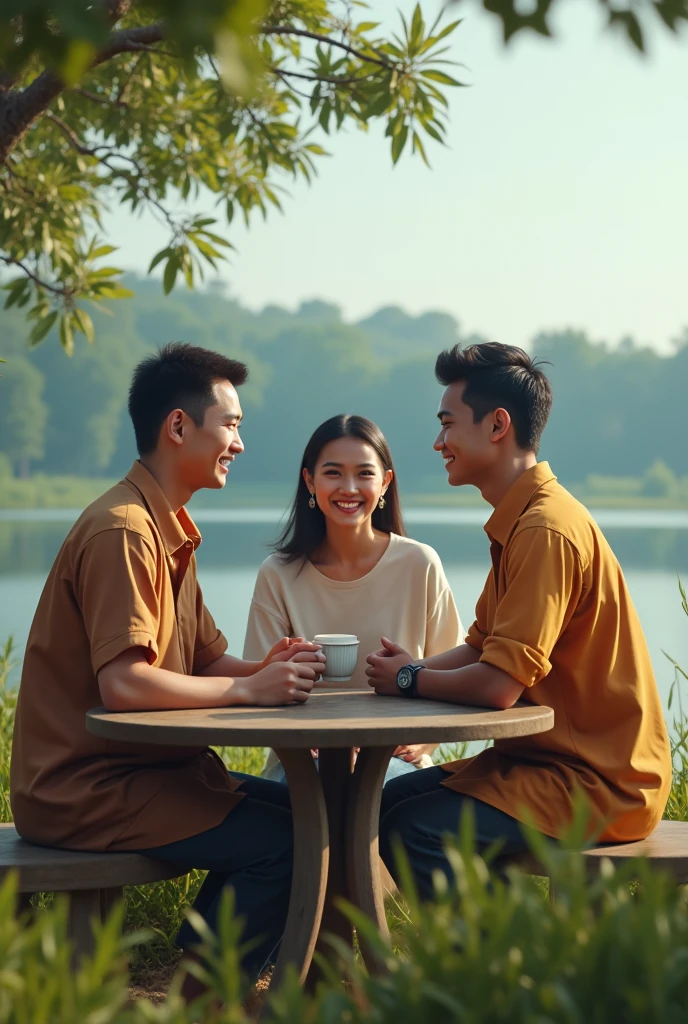 Two Indonesian men and one woman from Indonesia enjoying coffee by the lake in the morning. Men are taller than women, Their faces are facing the camera with a smile. Hyper realistic high resolution cinematic ultra hd detail glossy
