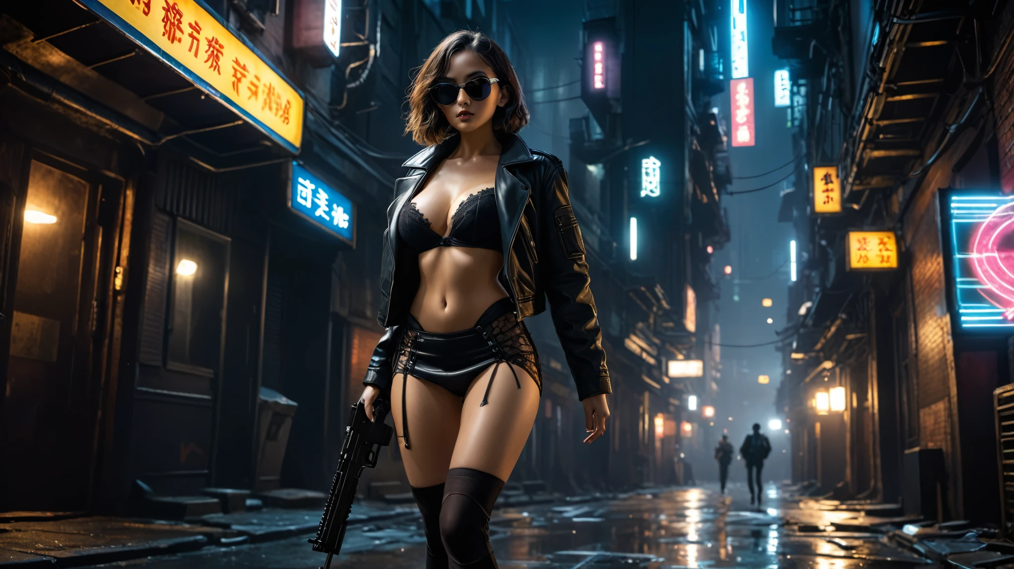 Blade Runner inspired surreal dark cyberpunk city alley as background, (low angle view), at dark night. (1girl, solo, alone), medium-breast slim:0.6 body, oval:0.5 face, cleavage:1.1, sexy black laced bra, miniskirt, white laced panty, coat, (black micro sunglasses), (holding a short gun), (slightly leaning forward running pose), half-body thigh level medium shot, cinematic lighting, ray tracing.