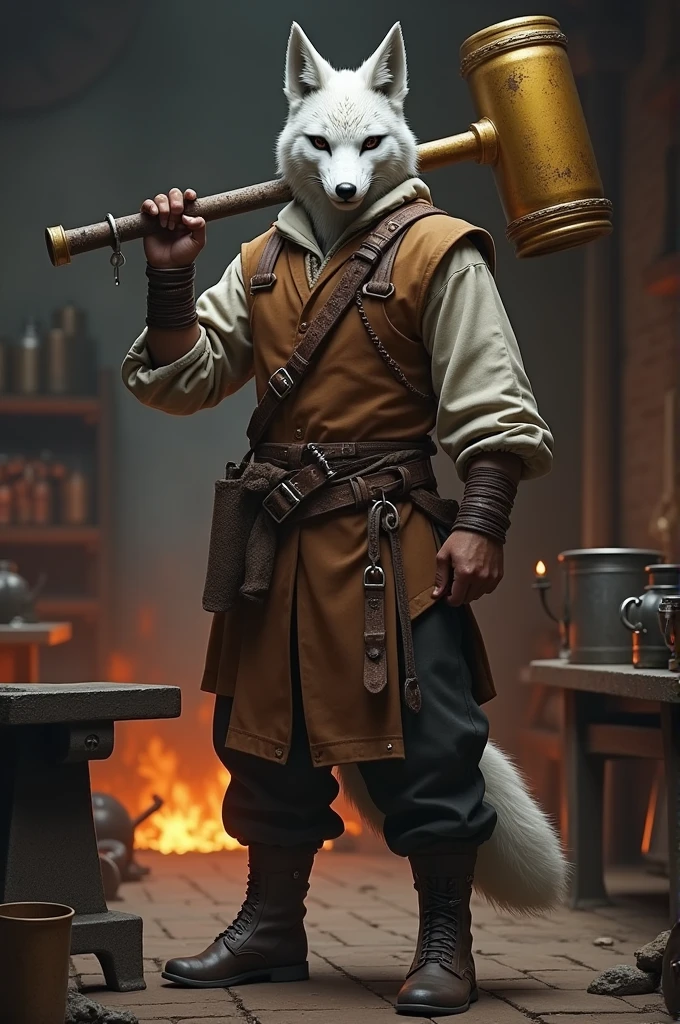 A young adult in a blacksmith suit with a golden hammer With a white fox mask