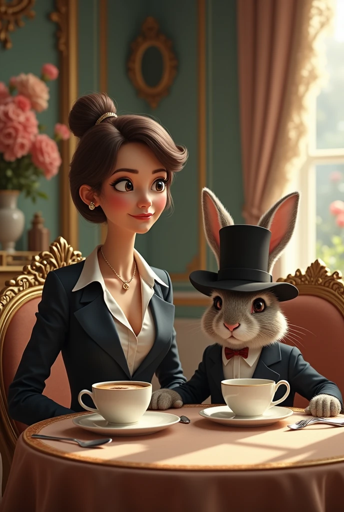Woman sitting at a fancy table drinking coffee with a rabbit sitting with a black hat