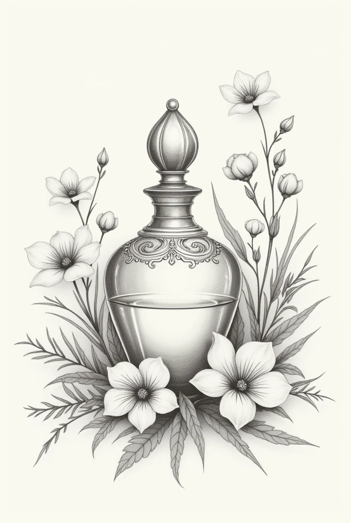 A painting with a perfume bottle. dainty, pencil draw, unpainted. vintage frasco, with bouquets of flowers. Delicate watercolor painting